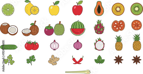 Fruits vegetables and spices icon set, colorful healthy food ingredients collection, fresh organic produce vector illustration bundle pack design