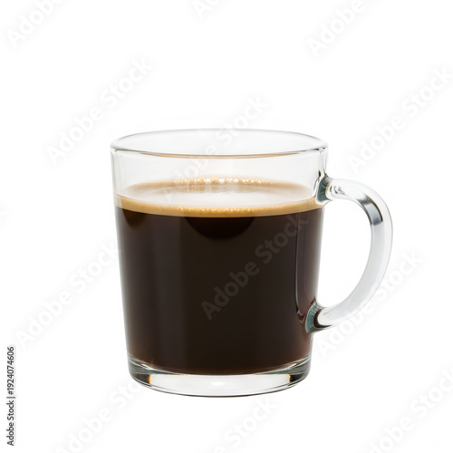 A clear glass mug filled with hot black coffee on a white background