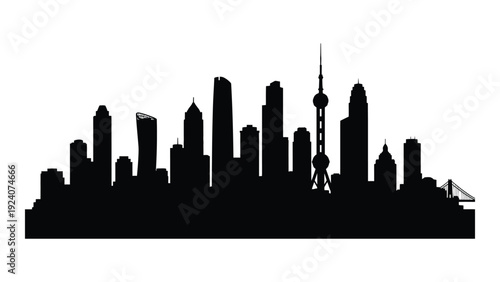A black silhouette of a city skyline at dusk isolated on white background, Vector
