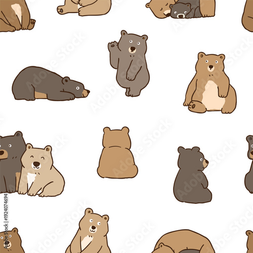 Seamless Pattern of Cute Cartoon Bear Character Design on White Background. Hand Drawn Vector Illustration. 
