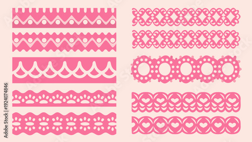 Collection of pink decorative lace borders and patterns displayed vertically