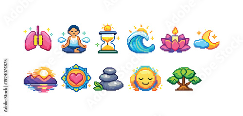 Wellness, relaxation flat icon set. Meditation, yoga, nature symbols in flat style