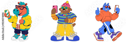 A happy chubby Dog, Horse and Wolf capturing a fun selfie moment, wearing sunglasses and giving thumbs up, bright and colorful vector style.