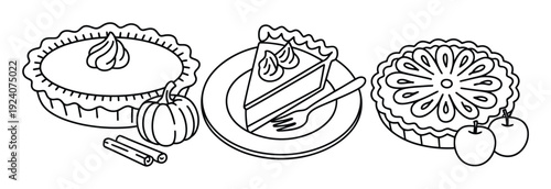 A Line of Autumn Pies, Pumpkin, and Apples