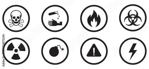 Hazard warning symbol icon set. Toxic biohazard radiation electric fire explosion and chemical danger signs for industrial safety, laboratory labeling and caution signage design