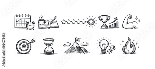 Goal achievement linear icon set. Motivation, success, productivity outline collection