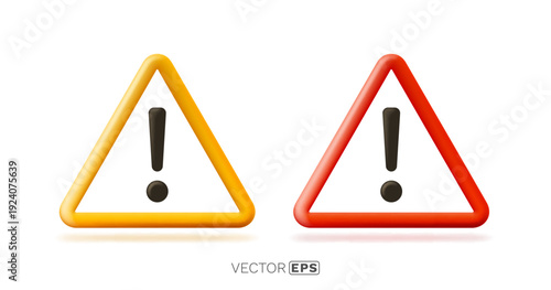 Glossy 3D Warning Sign Icons. Modern yellow and red alert symbols with exclamation marks.