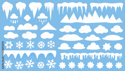 A collection of white winter weather icons against a blue background