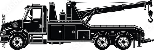Tow Truck Silhouette Vector Illustration, Heavy Duty Wrecker with Crane Hook, Roadside Assistance Vehicle Black and White Design