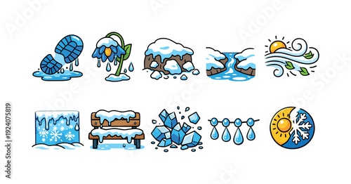 Weather and nature flat icon set. Seasons, climate symbols collection
