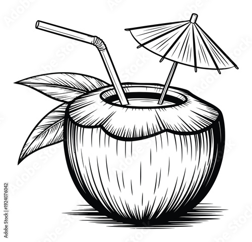 Hand-drawn of a refreshing coconut drink with a straw and umbrella