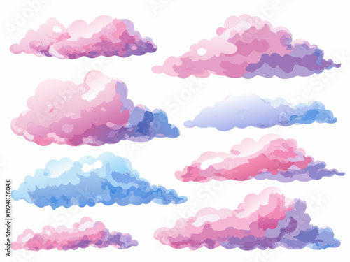 A collection of fluffy pastel colored clouds against a white background