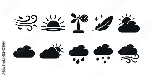 Weather filled icon set. Sun, cloud, rain, wind, weather symbols filled collection