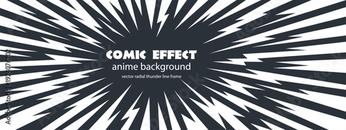 Thunder manga vector and comic background anime with radial burst cartoon. Line explosion blast and speed ray book with pop lightning flash. Bolt comic background and effect thunder hero.