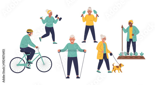 Active Senior Lifestyle: Elderly People Exercising, Gardening, Cycling & Walking for Healthy Aging