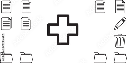 Medical cross symbol surrounded by document, folder, pencil, and trash bin icons, representing healthcare file management, editing, deleting, and organizing concepts for professional design projects.