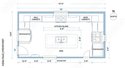 Kitchen floor plan with dimensions and cabinetry layout.