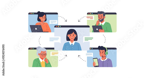 Diverse Group Engaged in Online Video Conference: Remote Team Collaboration, Virtual Meeting, and Digital Communication Across Generations