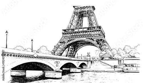 Paris cityscape Eiffel Tower line art illustration