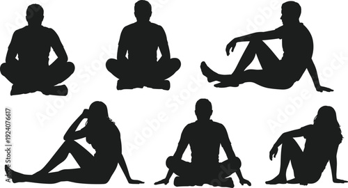 Large collection of black silhouettes featuring diverse young children teenage students and adults standing sitting and walking isolated on white background for lifestyle concept