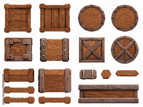 Assorted wooden crates barrels and planks in a game asset style