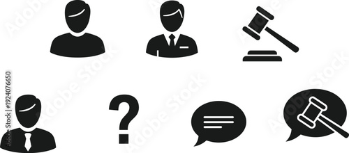 Visual representation of a legal process with communication and questioning elements