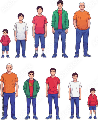 Male aging process vector illustration showing life stages from childhood to senior age set against a white background