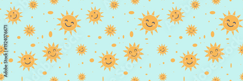Seamless pattern with cute smiling sun characters on light blue background, flat vector cartoon illustration ideal for nursery decor, kids textile, wrapping paper, and summer design