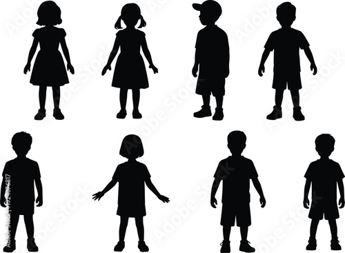Large collection of black silhouettes featuring diverse young children and teenage students with backpacks standing and posing isolated on white background for education concept