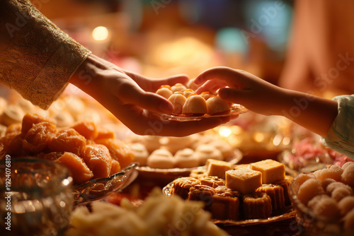 Hands reaching for sweets during Eid al-Fitr celebration with desserts
