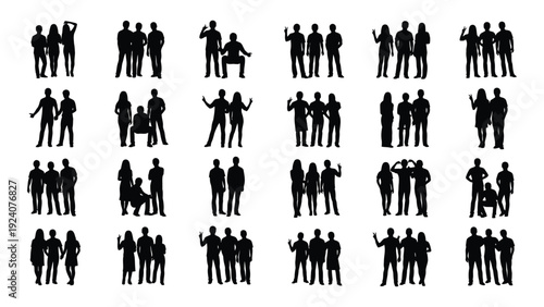 Collection of diverse human silhouettes in various poses isolated on white background, Vector