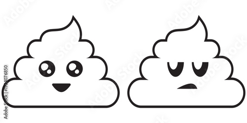 Happy poop design. Pin, patch, stamp, icon, sticker. Emoji. Vector illustration isolated on white background.