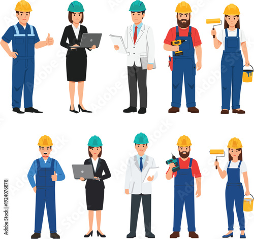 Vector illustration set of diverse professional construction workers engineers and architects in hard hats standing on white background