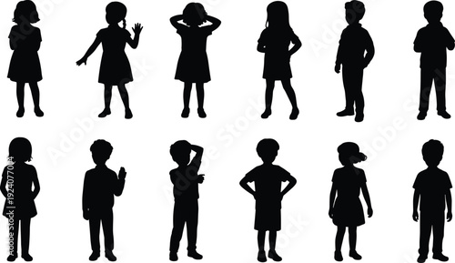 Large collection of black silhouettes featuring diverse young children and teenage students with backpacks standing and posing isolated on white background for education concept