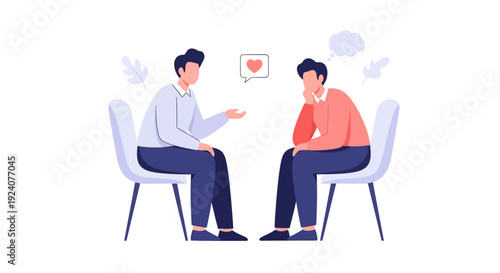 Heartfelt Conversation & Emotional Support Session. Flat vector illustration of two men discussing relationships, love, and mental well-being in therapy or counseling.