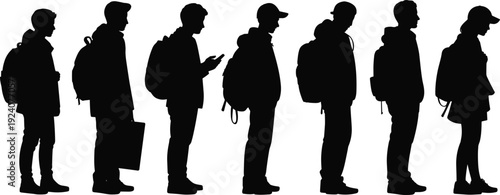 Black silhouettes of diverse students with backpacks standing in line using phone and wearing hats isolated on white background for back to school concept