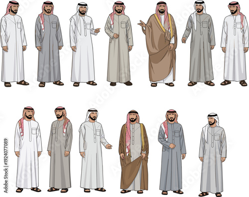 Vector illustration set of Arab Middle Eastern men wearing traditional thobe and ghutra clothing standing on white background
