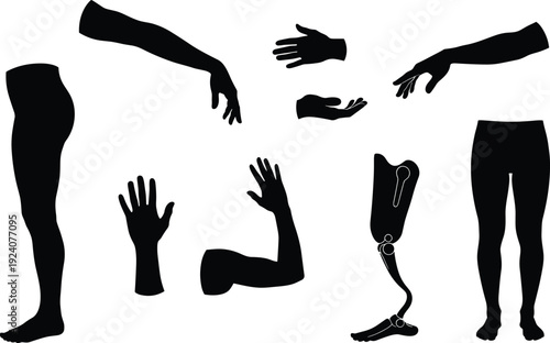 Human body parts silhouette collection with prosthetic limb, hands and legs vector set for medical anatomy healthcare illustration design use