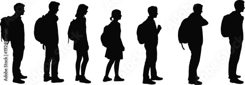 Black silhouettes of diverse students standing in a queue wearing backpacks and casual clothes isolated on white background for back to school education concept