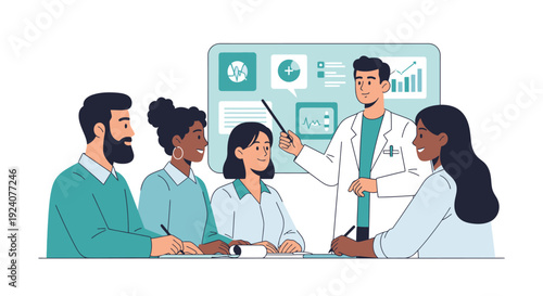 Healthcare Team Meeting: Doctor Presents Medical Data and Analytics to Diverse Colleagues