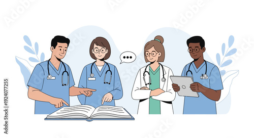 Diverse Medical Team Collaboration and Learning Illustration. Healthcare Professionals Discussing Research, Education, and Teamwork.