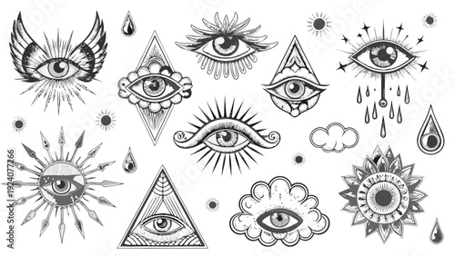 Collection of ornate eyes with celestial and geometric designs