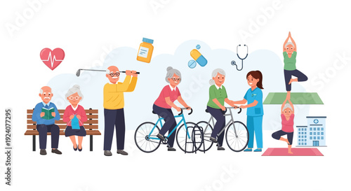 Active Senior Lifestyle & Healthy Aging: Elderly People Enjoying Retirement Activities, Medical Care & Well-being Vector Illustration