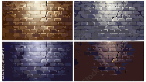 Four variations of a brick wall texture with cracks and lighting effects