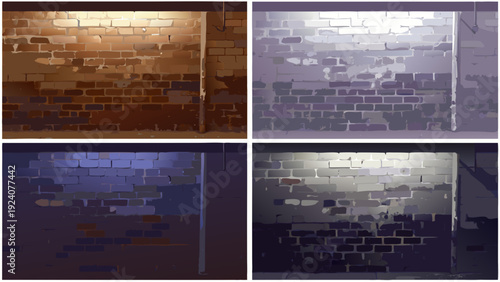 Four panels displaying a brick wall illuminated with varying light tones