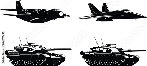 Military aircraft and battle tanks silhouette set, modern fighter jets and armored vehicles black vector illustration isolated design