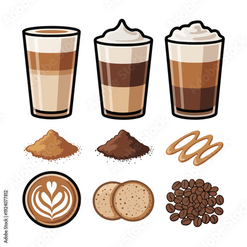 Latte Ingredients Vector Illustration Set of Coffee Glasses Beans and Biscuits
