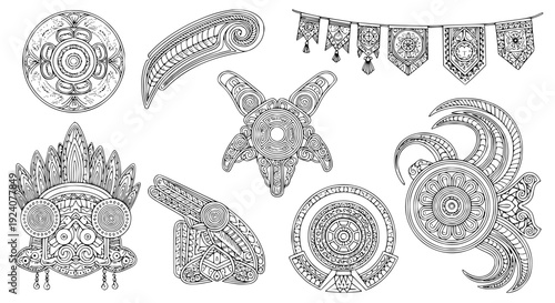 Tiki masks tribal set with intricate designs and patterns, hand-drawn elements, isolated on white background, for decoration featuring mask, ornaments, carvings with motifs and traditional elements