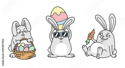 Funny Easter bunny character in three different poses, cartoon vector set.