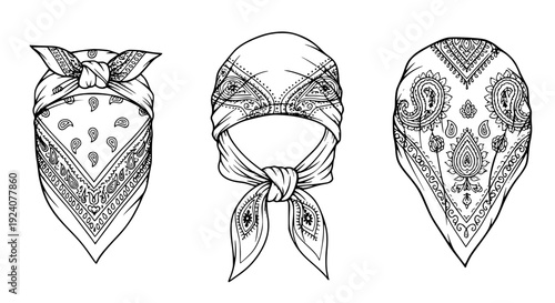 Bandanas illustrated set with paisley patterns and head wraps featuring bandana, headscarf, kerchief with pattern and illustration elements for line art, monochrome projects, clean composition on